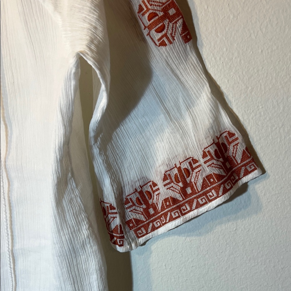 Jade White Blouse with Rust Burnt Orange Embroidery 3/4 Sleeve Boho Large - Picture 3 of 7
